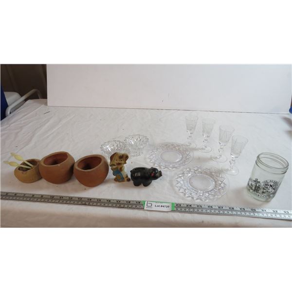 clear glass, ceramic piggy bank, misc