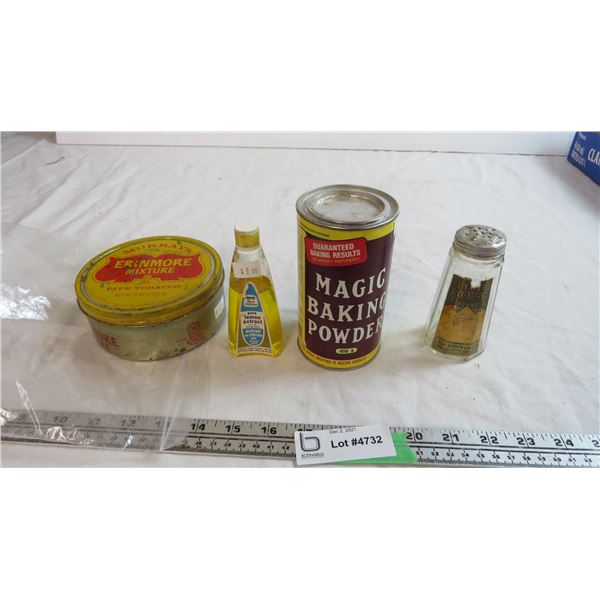 lot of 4 items, tobacco tin, baking powder tin, bottles