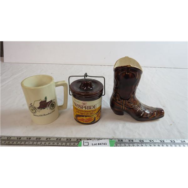 vintage mug, tin container, ceramic boot