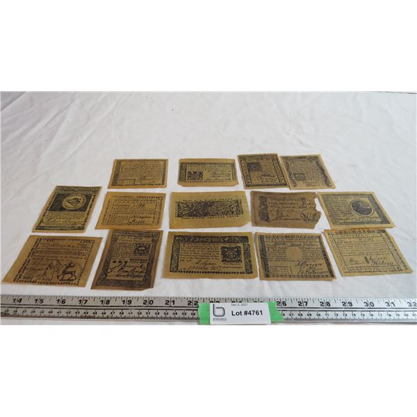 copy of antique north american bills (14 pieces)