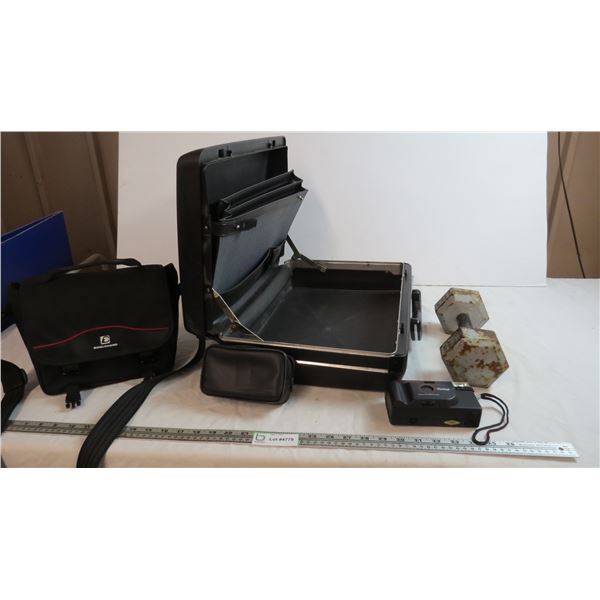 samsonite briefcase + vivitar camera, case + vintage weight