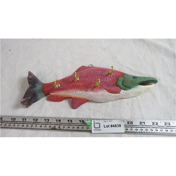 Painted teak wood salmon - converted to keychain holder