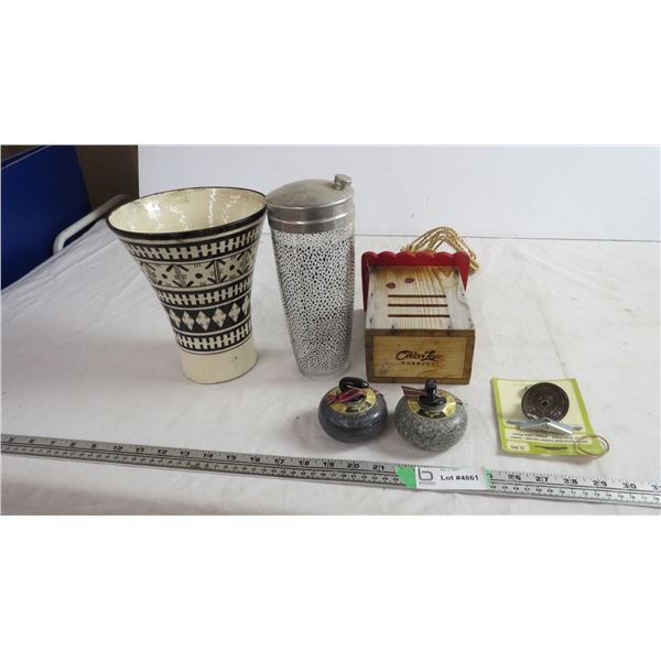mini curling rock liquor bottles, cocktail shaker + miscellaneous