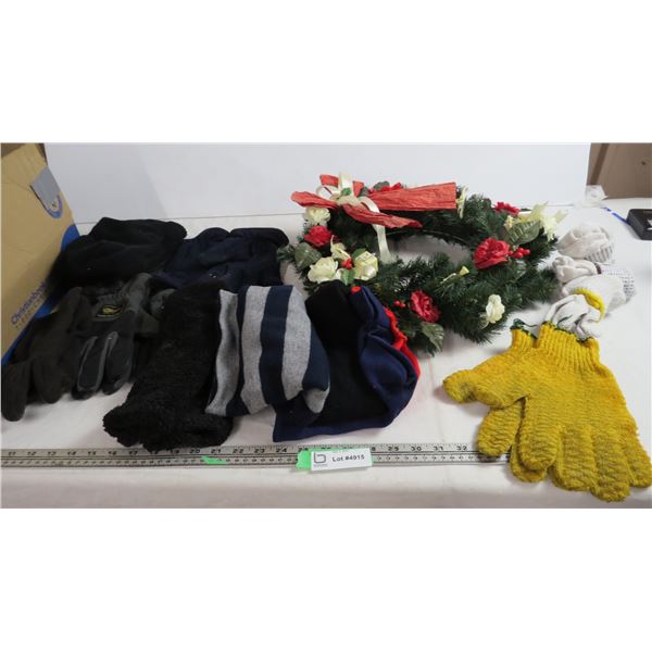 christmas wreath, gloves, toques