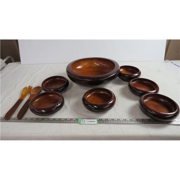 wooden bowls, spoon + fork