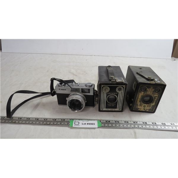 (2) kodak brownie cameras + canon coronet 28 camera