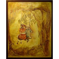 ORIG OIL PAINTING OF BOY AND GIRL ON A SWING #2370558