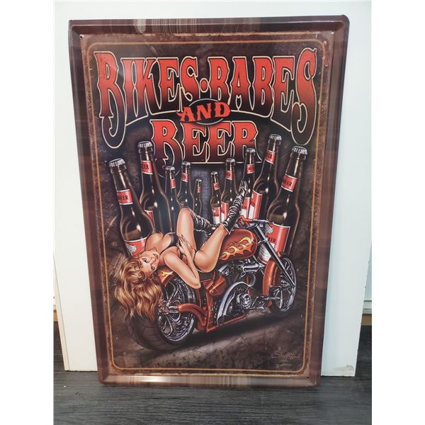 Vintage Style Metal Sign " Bikes Babes & Beer" Approx. 15 x 24