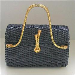 Retro Navy Blue Basketweave Handbag Goldtone #2369202