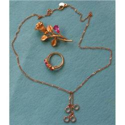 AVON Rose Pin, Ring & Chain with Rhinestones #2369205