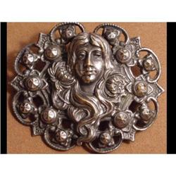 Antique Nouveau Lady FACE Repousse brooch #2369524