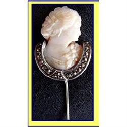 VICTORIAN CAMEO FACE HORSESHOE MARCASITE PIN #2369839