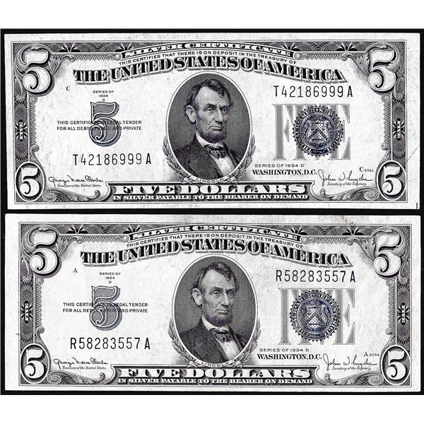 Lot of (2) 1934D $5 Silver Certificate Notes