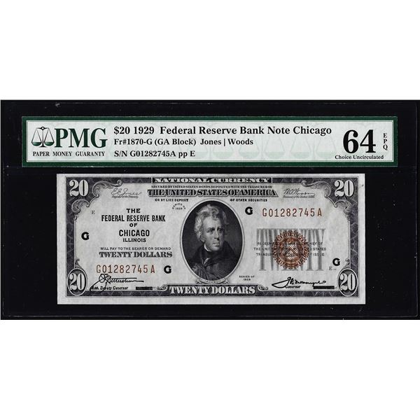1929 $20 Federal Reserve Note Chicago Fr.1870-G PMG Choice Uncirculated 64EPQ