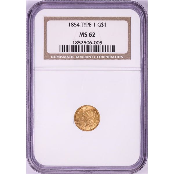 1854 Type 1 $1 Liberty Head Gold Dollar Coin NGC MS62