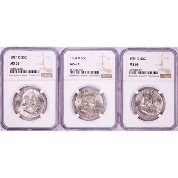 Lot of (3) 1954-D Franklin Half Dollar Coins NGC MS63