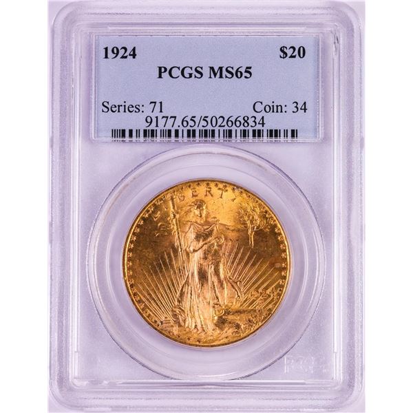 1924 $20 St. Gaudens Double Eagle Gold Coin PCGS MS65