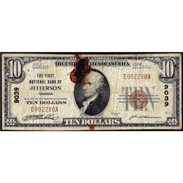 1929 $10 The First NB of Jefferson, GA CH# 9039 National Currency Note