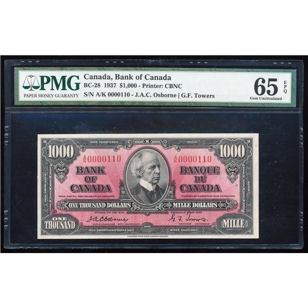 1937 $1,000 Bank of Canada Note BC-28 PMG Gem Uncirculated 65EPQ