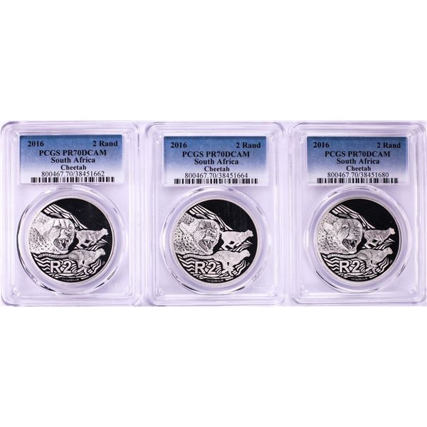 Lot of (3) 2016 Proof South Africa 2 Rand Cheetah Silver Coins PCGS PR70DCAM