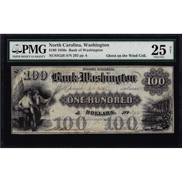 1850's $100 Bank of Washington North Carolina Obsolete Note PMG Very Fine 25 Net