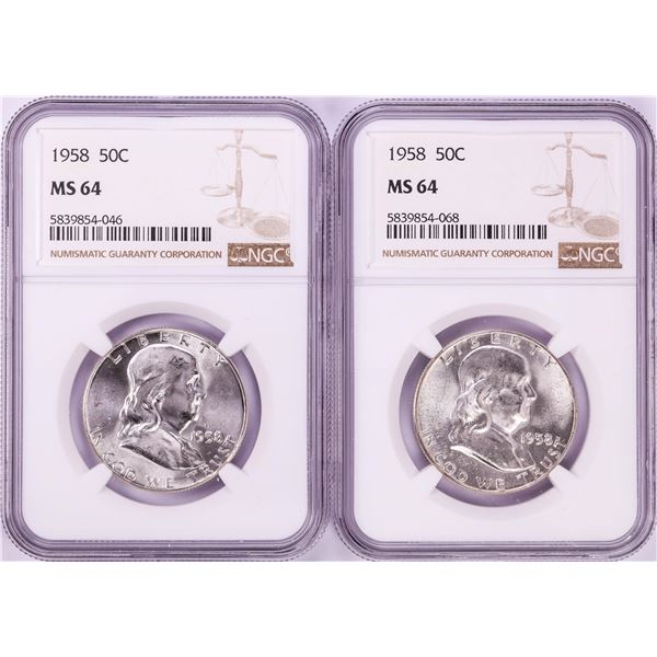 Lot of (2) 1958 Franklin Half Dollar Coins NGC MS64