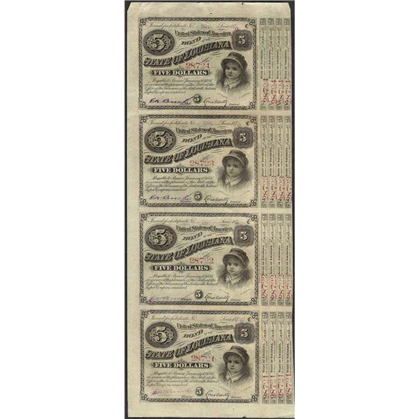 Uncut Sheet of (4) State of Louisiana Baby Bond Obsolete Notes