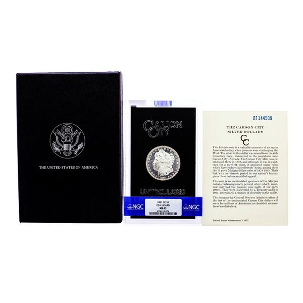 1881-CC $1 Morgan Silver Dollar Coin GSA Hoard Uncirculated NGC MS63 w/ Box & COA