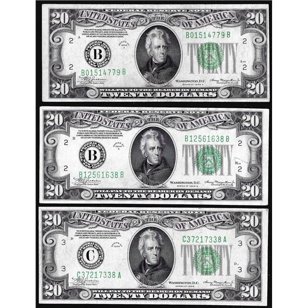 Lot of (3) 1934 $20 Federal Reserve Notes
