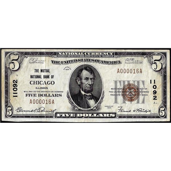 Low Serial Number 1929 $5 Mutual NB of Chicago, IL CH# 11092 National Currency Note