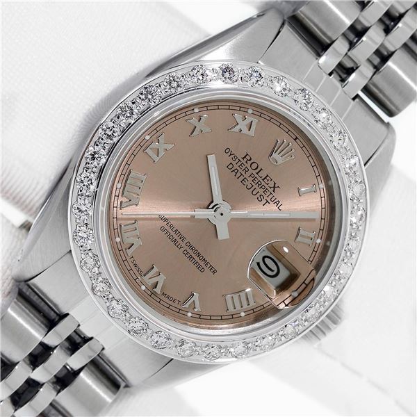 Rolex Ladies Stainless Steel Salmon Roman Datejust Wristwatch