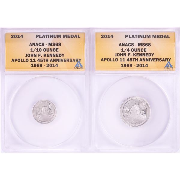 Set of 2014 Proof 1/10 & 1/4 oz Platinum JFK Apollo 11 Anniversary Medals ANACS MS68