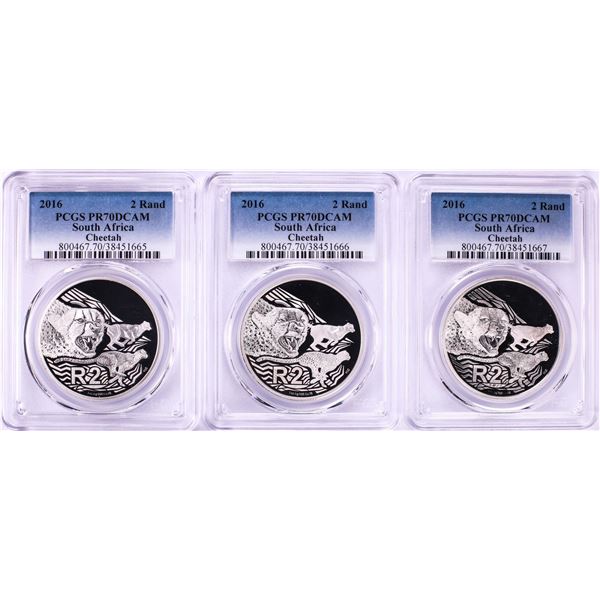 Lot of (3) 2016 Proof South Africa 2 Rand Cheetah Silver Coins PCGS PR70DCAM