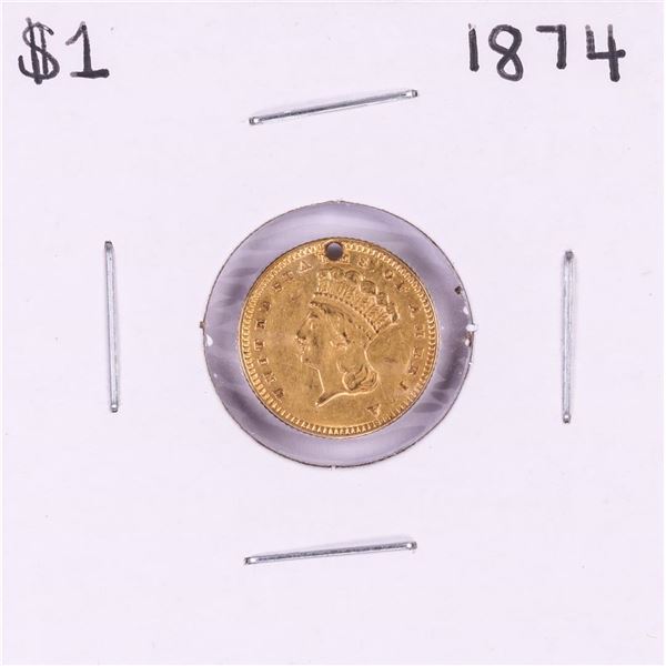 1874 Type 3 $1 Indian Princess Head Gold Dollar Coin with Hole