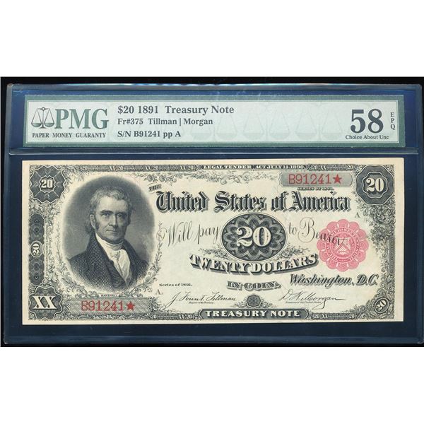 1891 $20 Treasury Note Fr.375 PMG Choice About Uncirculated 58EPQ