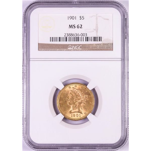 1901 $5 Liberty Head Half Eagle Gold Coin NGC MS62