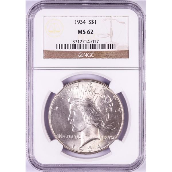 1934 $1 Peace Silver Dollar Coin NGC MS62