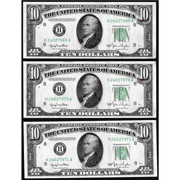 Lot of (3) Consecutive 1950 $10 Federal Reserve Notes St. Louis