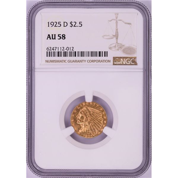 1925-D $2 1/2 Indian Head Quarter Eagle Gold Coin NGC AU58
