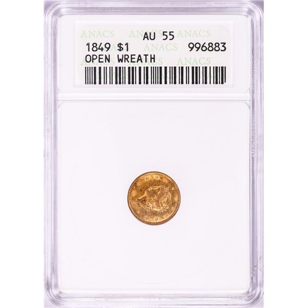 1849 Open Wreath $1 Liberty Head Gold Dollar Coin ANACS AU55