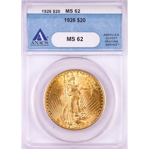 1926 $20 St. Gaudens Double Eagle Gold Coin ANACS MS62