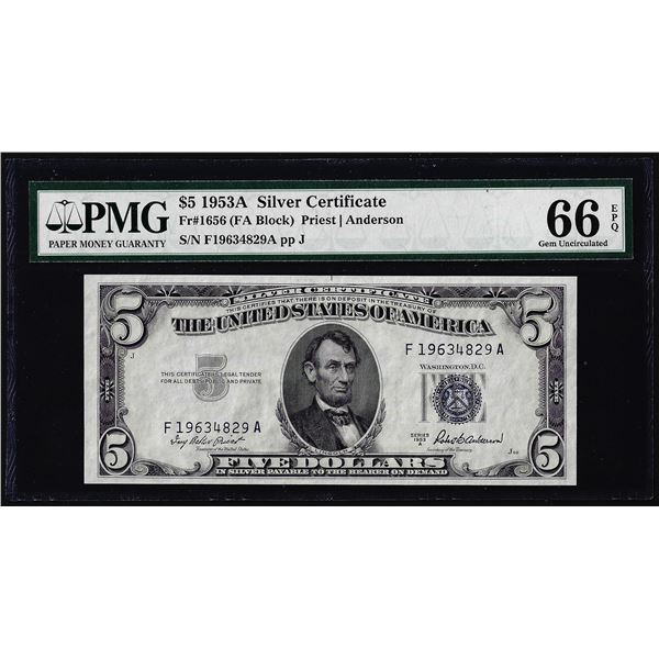 1953A $5 Silver Certificate Note Fr.1656 PMG Gem Uncirculated 66EPQ