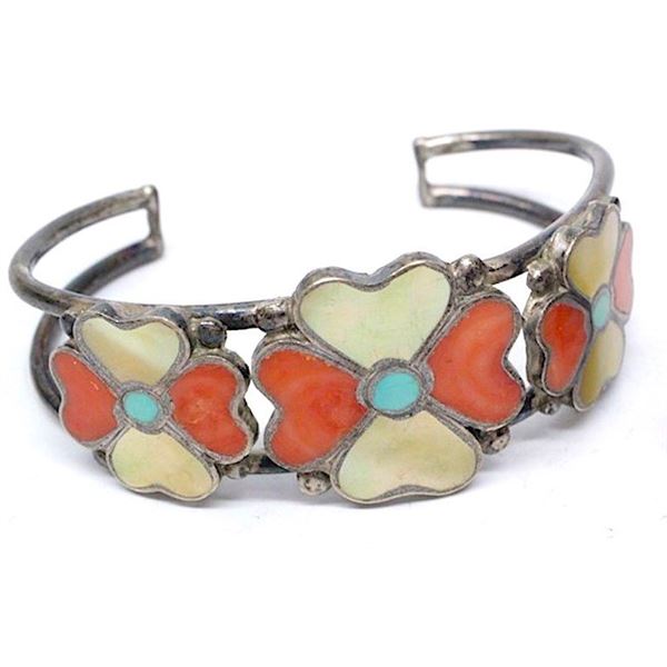 Old Pawn Zuni Inlay Flower Bracelet Sterling