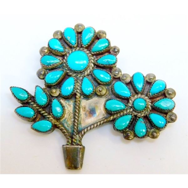 Vintage Zuni Turquoise Flower Brooch Pin Sterling