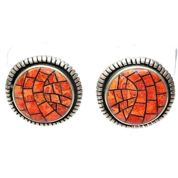 Vintage NAVAJO Coral Inlay Sterling Silver Post