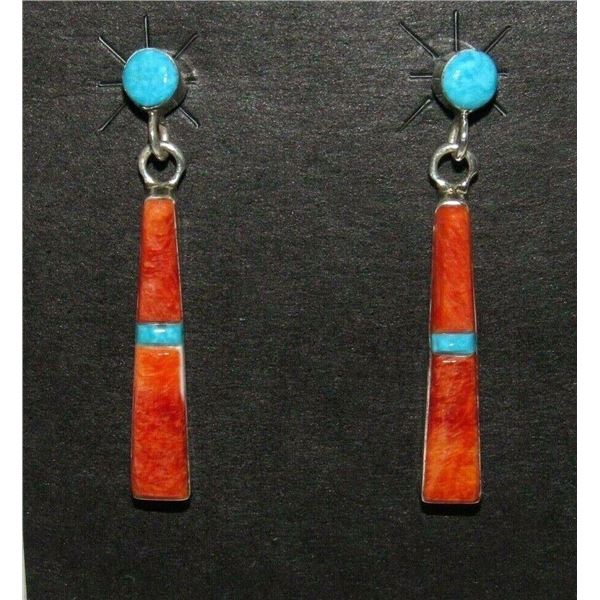 Navajo Turquoise Red Spiny Dangle Earrings Silver