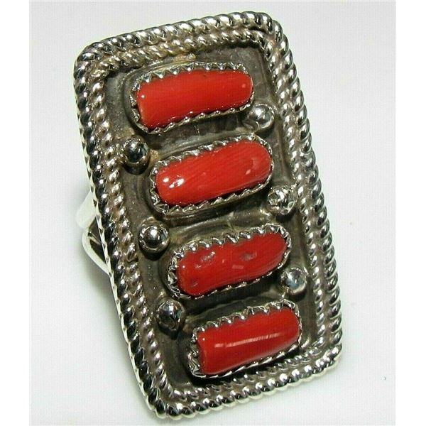 Navajo Mediterranean Coral Ring Size 7 Sterling Silver