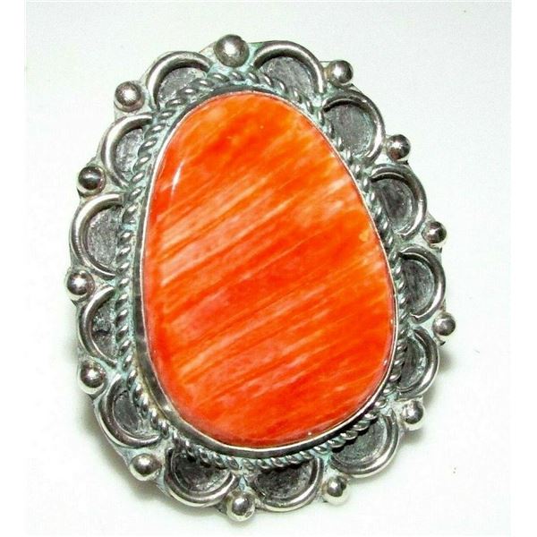 Huge Navajo Orange Spiny Ring Size 6 Sterling Silver D