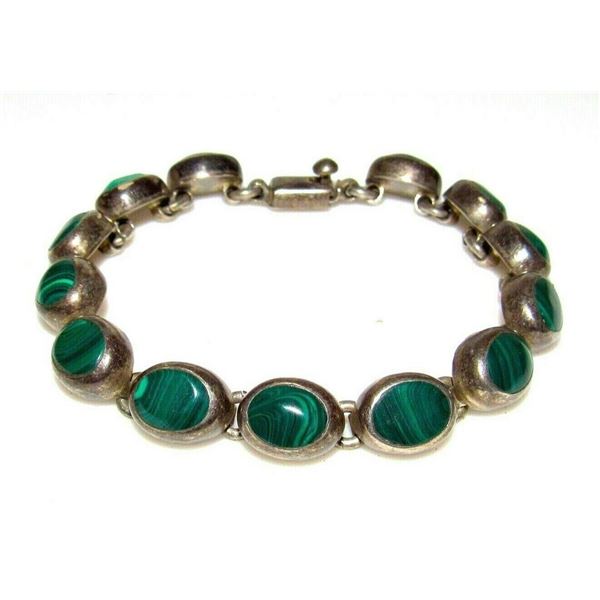 VTG Taxco Mexico 925 Silver Malachite Link Bracelet 7"