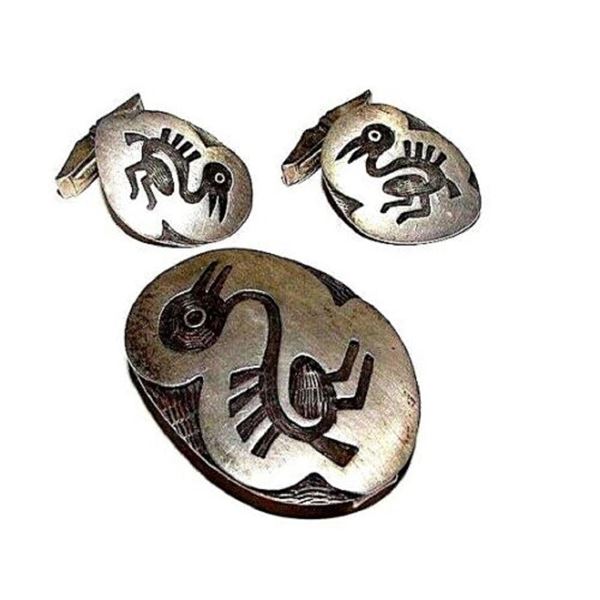 Vintage HOPI Overlay Cuff Links Tie Clip Set Signed